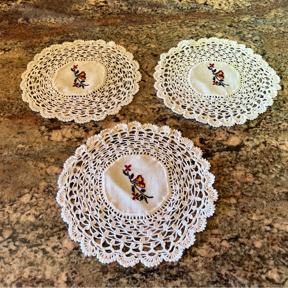 Handcrafted White Lace Doilies with Floral Embroidery